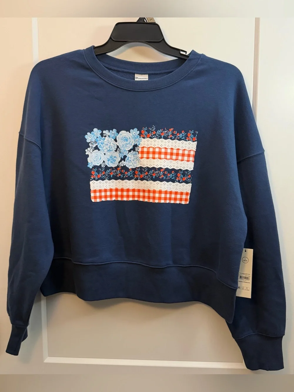 Large Navy Floral Patchwork Crewneck Sweater
